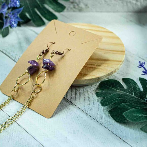 Amethyst Chip Earrings with 14k Gold Dangle Chain and Gold Hoop Drop - Picture 15 of 15